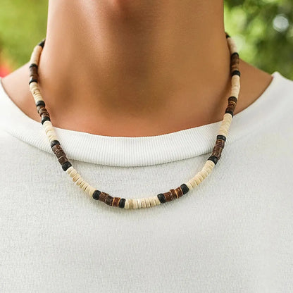 Men’s Summer Beach Wooden Bead Necklace – Handmade Tribal Surfer Jewelry with Geometric Steampunk Design