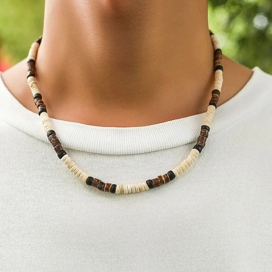 Men’s Summer Beach Wooden Bead Necklace – Handmade Tribal Surfer Jewelry with Geometric Steampunk Design