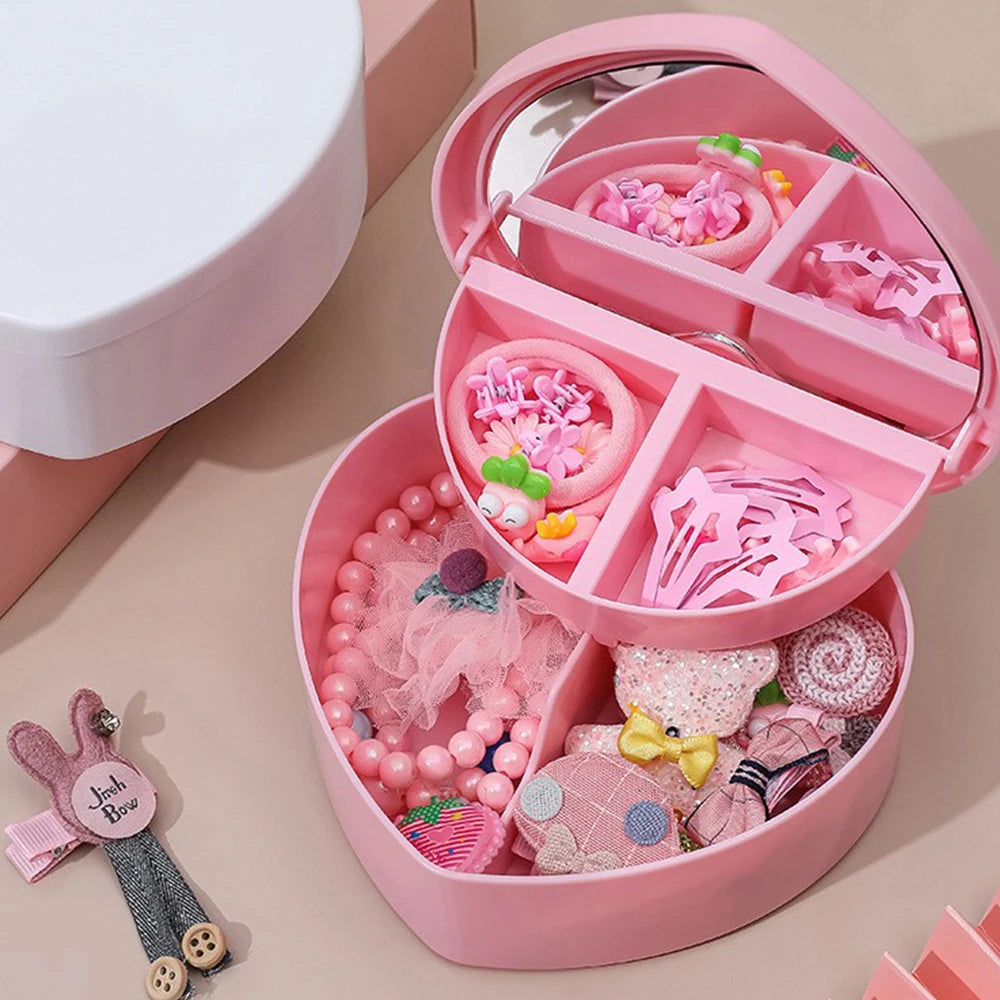Pink Hair Accessories Storage Box - Portable Jewelry Organizer with Mirror for Girls & Travel