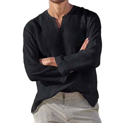 Men's Cotton Linen Shirt — Cozy Solid Color Long Sleeve V-Neck Casual Hawaiian Top, Lightweight & Breathable