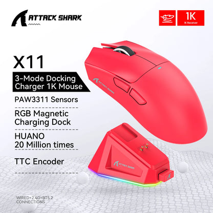 Attack Shark X11 Tri-Mode Wireless Gaming Mouse – 2.4GHz/Wired/Bluetooth PAW3311 22000DPI RGB PC Mouse 400IPS