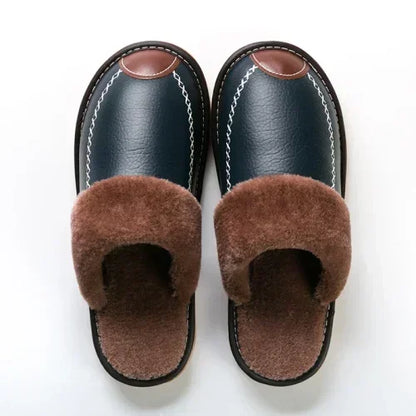 Men’s Winter Leather Slippers — Waterproof, Thick Velvet Cotton Indoor Home Shoes, Warm Bedroom Footwear