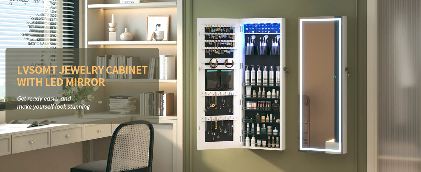 LED Door Hanging Mirror Cabinet – Wall-Mounted Full-Length Lighted Jewelry Organizer with Storage