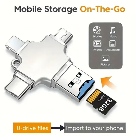 4 in 1 Micro SD Card Reader - Compatible with iPhone, iPad, Android, Mac, PC, and Camera, USB-C and Lightning Connector
