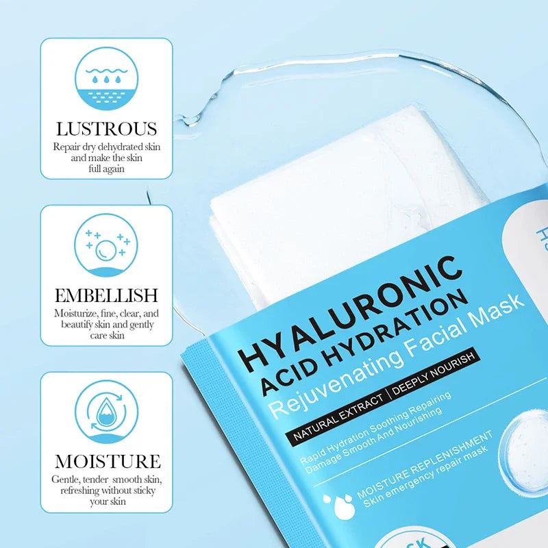 BIOAQUA Hyaluronic Acid Face Masks - 10-Piece Moisturizing Facial Sheet Mask Set for Hydration & Skin Care