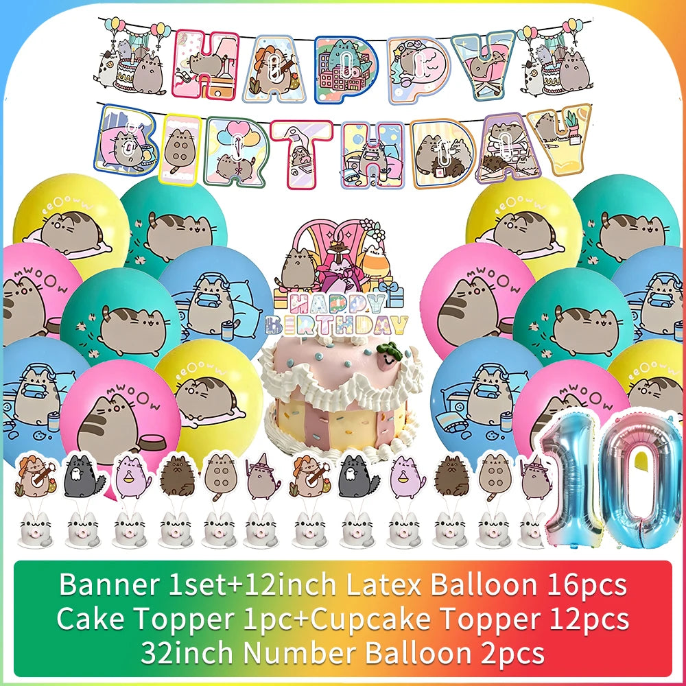 Cute Cat Birthday Party Decorations - Kawaii Balloon Set, Cake Toppers, Bunting Banner, and Party Backdrop Supplies