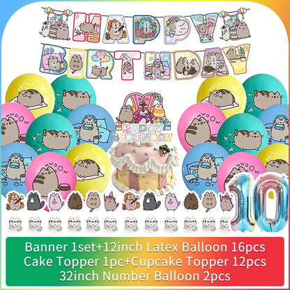 Cute Cat Birthday Party Decorations - Kawaii Balloon Set, Cake Toppers, Bunting Banner, and Party Backdrop Supplies