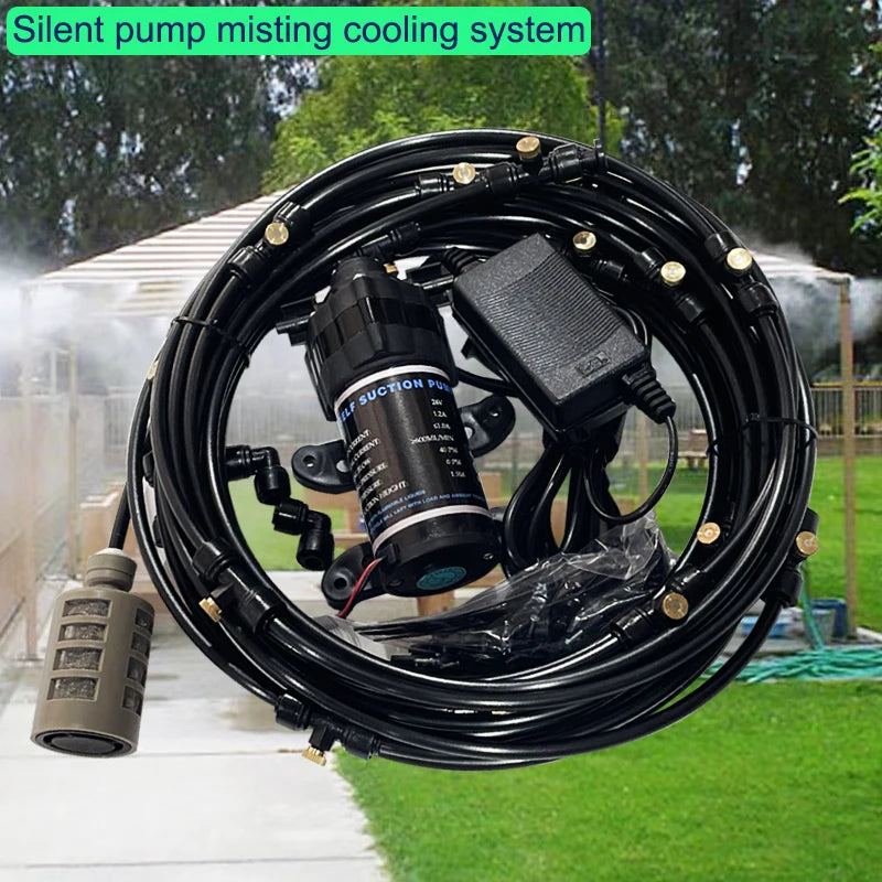 24V Quiet Misting Kit – Low Pressure Pump Spray System with Fog Nozzles for Dust Removal, Cooling & Humidification Watering System