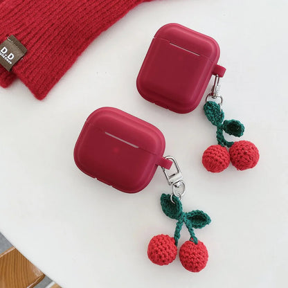 Knitted Red Cherry Pendant Soft Silicone Earphone Case for AirPods Pro 2 & AirPods 1/2/3/4 — Protective Cover with Keychain