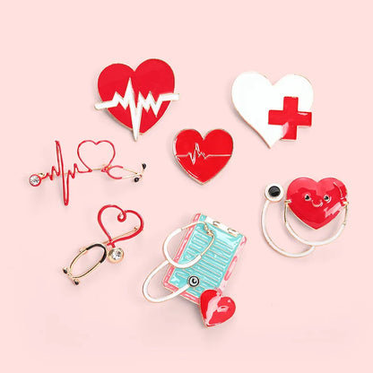 European & American Creative Badge Jewelry — Personalized Cartoon Hearing Device Pin, Love Red Cross Baked Paint Alloy Accessory