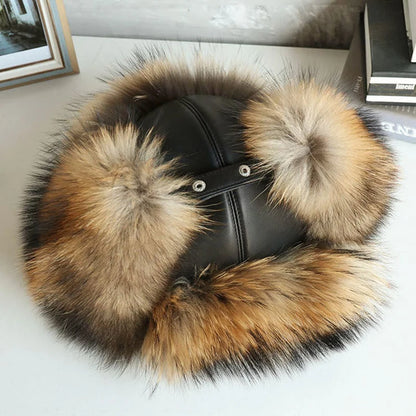 Natural Raccoon & Fox Fur Russian Ushanka Hat – Women’s Black Winter Bomber Cap with Ear Flaps