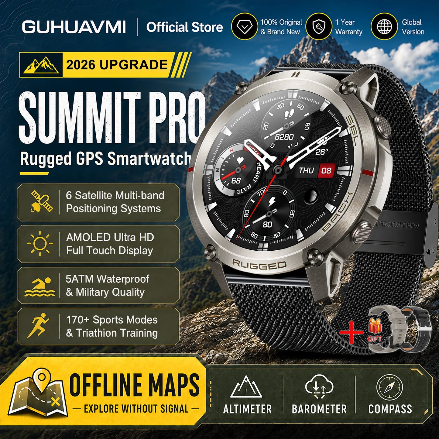 Military GPS Smartwatch for Men - 1.43" AMOLED Display, Bluetooth Calls, Compass, 5ATM Waterproof & 170+ Sports Modes