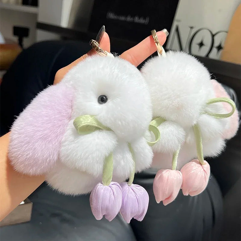 Cute Real Rex Rabbit Fur Keychain – Mini Bunny Pendant Bag Charm & Car Key Ring Plush Toy Gift for Women