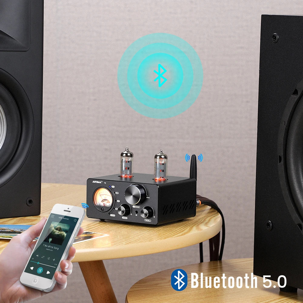 AIYIMA Audio T9 HiFi Bluetooth 5.0 Vacuum Tube Amplifier – USB DAC, COAX, OPT, VU Meter Stereo Amplifier for Speakers