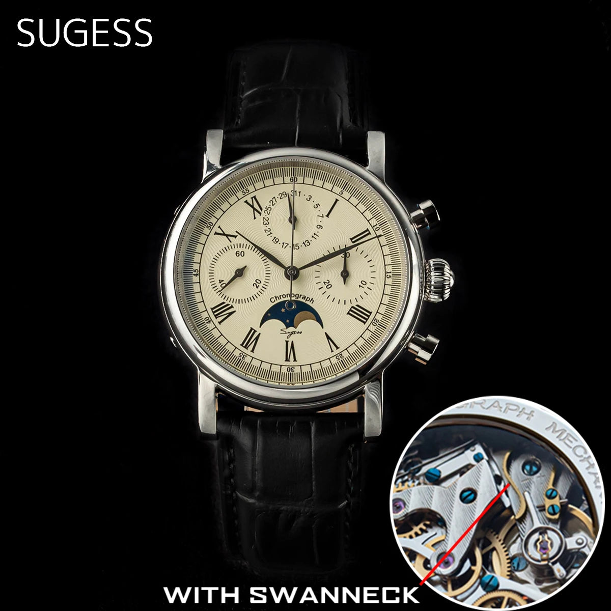Sugess ST1908 Mechanical Chronograph Watch for Men – Swan Neck Movement, Moonphase Calendar, Vintage Leather Strap, 2023 Model
