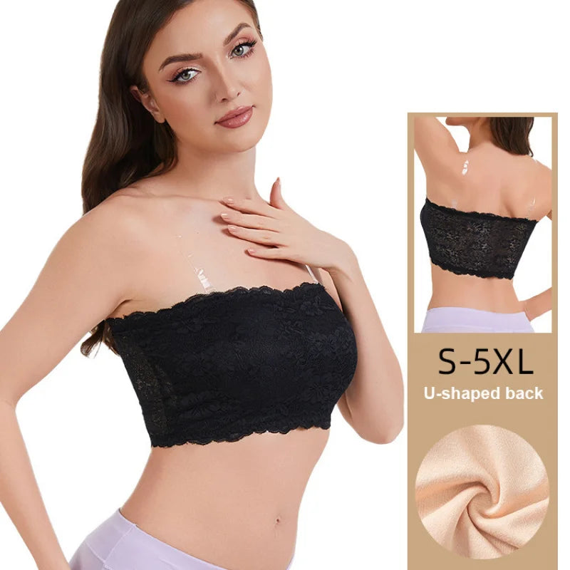 Plus-Size Women Floral Lace Strapless Bra with Elastic Chest Strap, Summer Invisible Shoulder Strap Wrap Tube Top