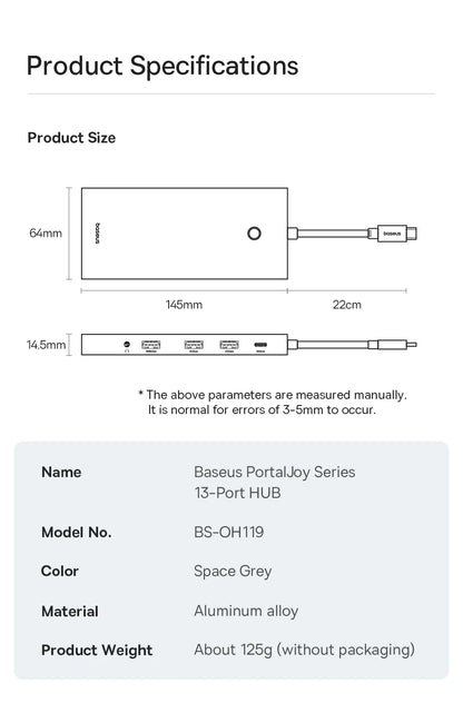 Baseus 13-in-1 USB-C Hub – HDMI, DP 4K 60Hz, RJ45, VGA, PD 100W, USB-A Adapter for MacBook & PC