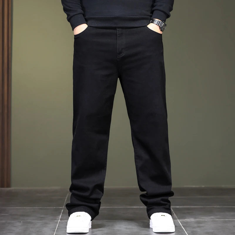 Big Size Men’s Black Jeans – Wide-Leg Denim Pants for 45–150kg, Comfortable Fit Hombre Trousers
