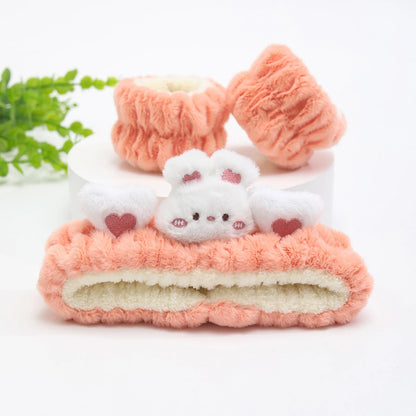 3PCS Cat Ear Plush Headband Set - Soft Face Washing Headband with Wrist Straps for Girls