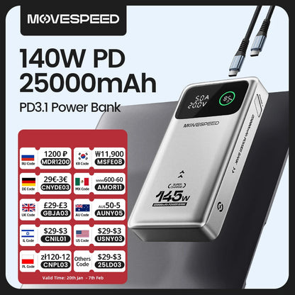 MOVESPEED M25Pro 140W Power Bank – 25000mAh Portable External Battery with Type C Fast Charge for iPhone, MacBook & Laptop