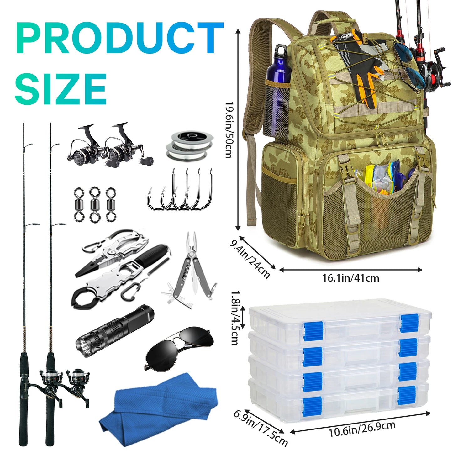 45L Fishing Backpack - Cooler Tackle Storage Bag with Rod Holders & Rain Cover for Camping, Hiking & Outdoor Fishing