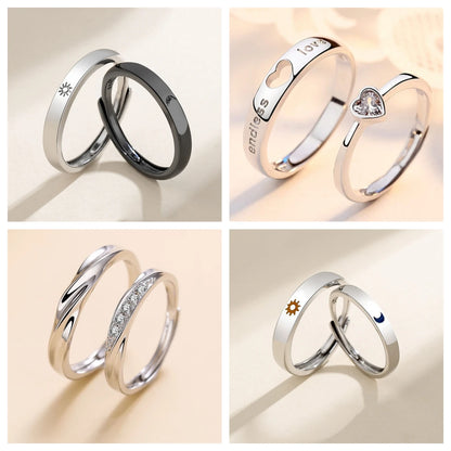 New Silver Couple Rings - Sun & Moon Adjustable Open Ring for Men & Women, Wedding & Fashion Jewelry Gift