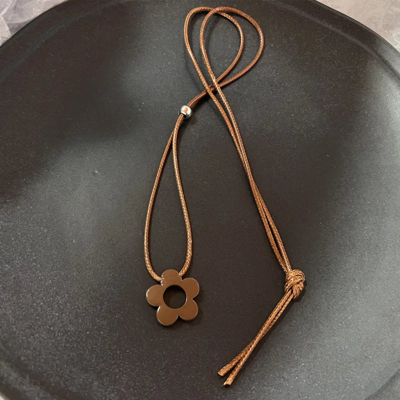 Vintage Natural Stone Pendant Necklace - Brown Geometric Long Leather Rope Chain Jewelry Gift for Women