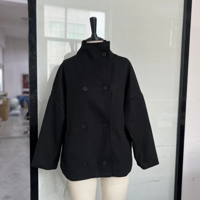 Women’s Short Woolen Coat - Stand Collar Loose Zipper Jacket for Spring Autumn Fashion Outerwear