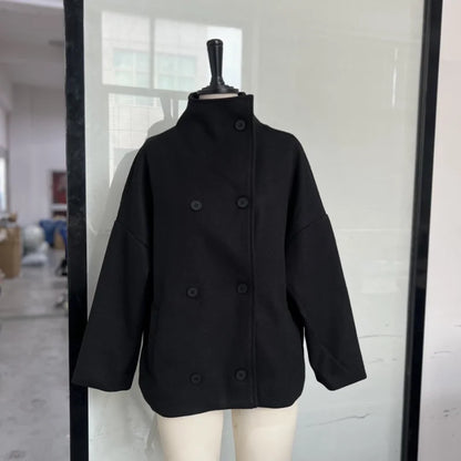 Women’s Short Woolen Coat - Stand Collar Loose Zipper Jacket for Spring Autumn Fashion Outerwear