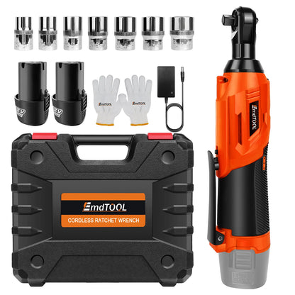 DayPlus 200NM 3/8" Cordless Electric Ratchet Wrench | 90° Angle 12V Power Tool with 2 Batteries, Charger & 7 Sockets
