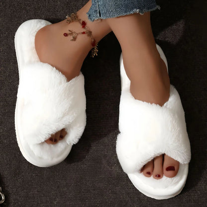 Women’s Cross Warm Fluffy Slippers – Lightweight Fur Slides with Flat Heels, Open Toe, Non-Slip Home Shoes for Autumn & Winter