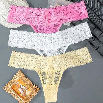 3PCS Lace Floral Women’s Panties - Low Waist Breathable Briefs & Thong, Sexy G-String Transparent Underwear (M-2XL)