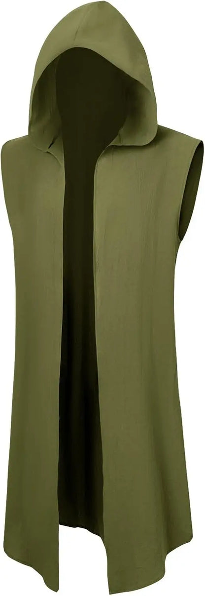 Runcati Men’s Renaissance Costume – Hooded Medieval Knight Surcoat Sleeveless Tunic Tabard for Halloween & Viking Dress-Up