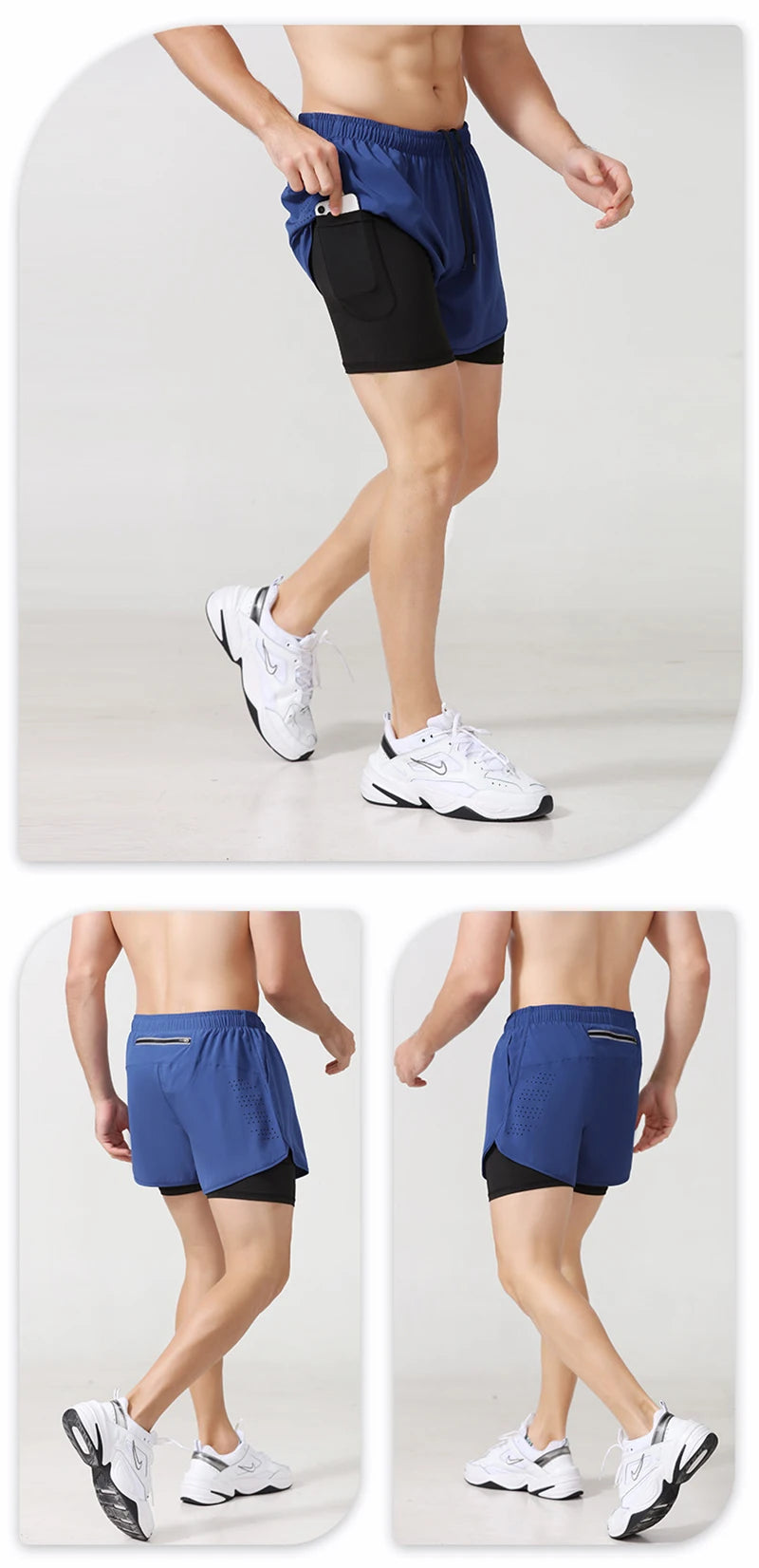 Men’s Quick-Dry Running Shorts — Black Double Layer Sport Workout Training Bodybuilding Shorts