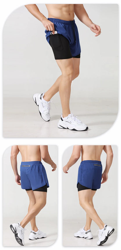Men’s Quick-Dry Running Shorts — Black Double Layer Sport Workout Training Bodybuilding Shorts