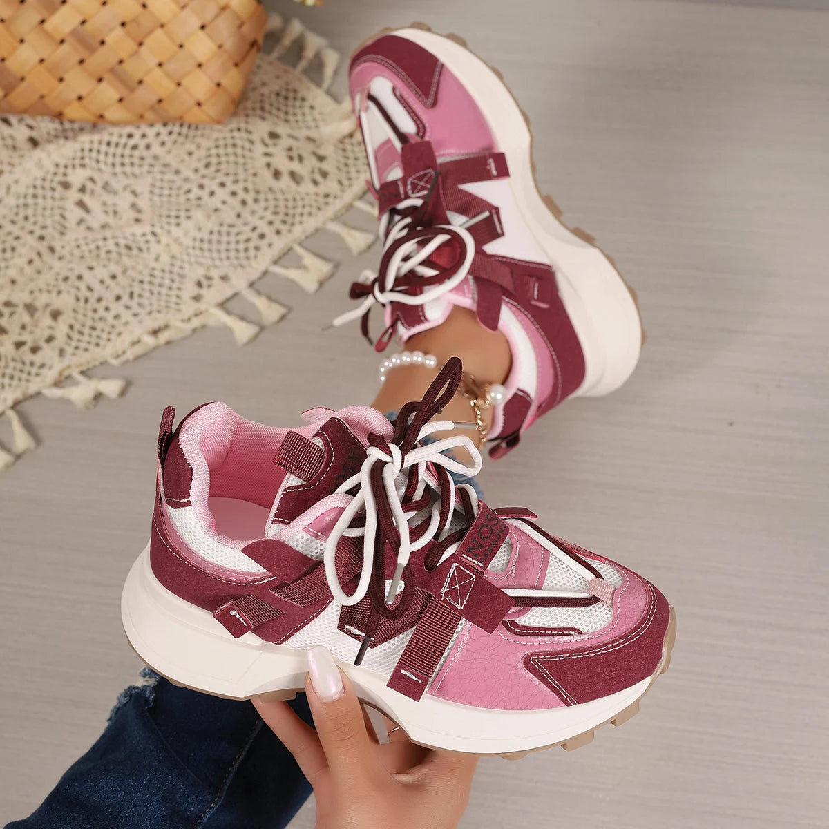 New Women’s Mesh Sneakers - Breathable Platform Lace-Up Casual Outdoor Low Top Shoes, Zapatos De Mujer