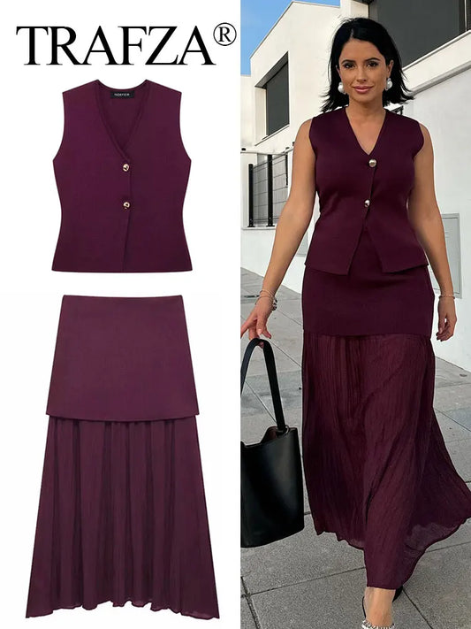 TRAFZA 2025 Women’s Wine Red Skirt Set – Knitted V-Neck Vest with High Waist Zipper Patchwork Long Skirt