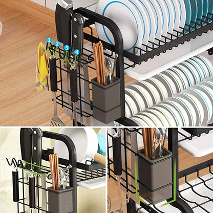 Compact 2-Tier Dish Drying Rack Set: Large Rust-Proof Drainer with Utensil Holder - Efficient Kitchen Organization