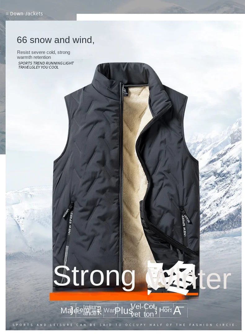 Men’s Autumn & Winter Cotton Vest Jacket – Casual Warm Sleeveless Top with Standing Collar, Plus Size Multifunctional Outerwear
