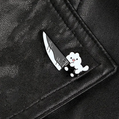 Cartoon Cat with Knife Enamel Pin – Funny Black Kitty Brooch Lapel Badge for Jacket Bag Jewelry Gift