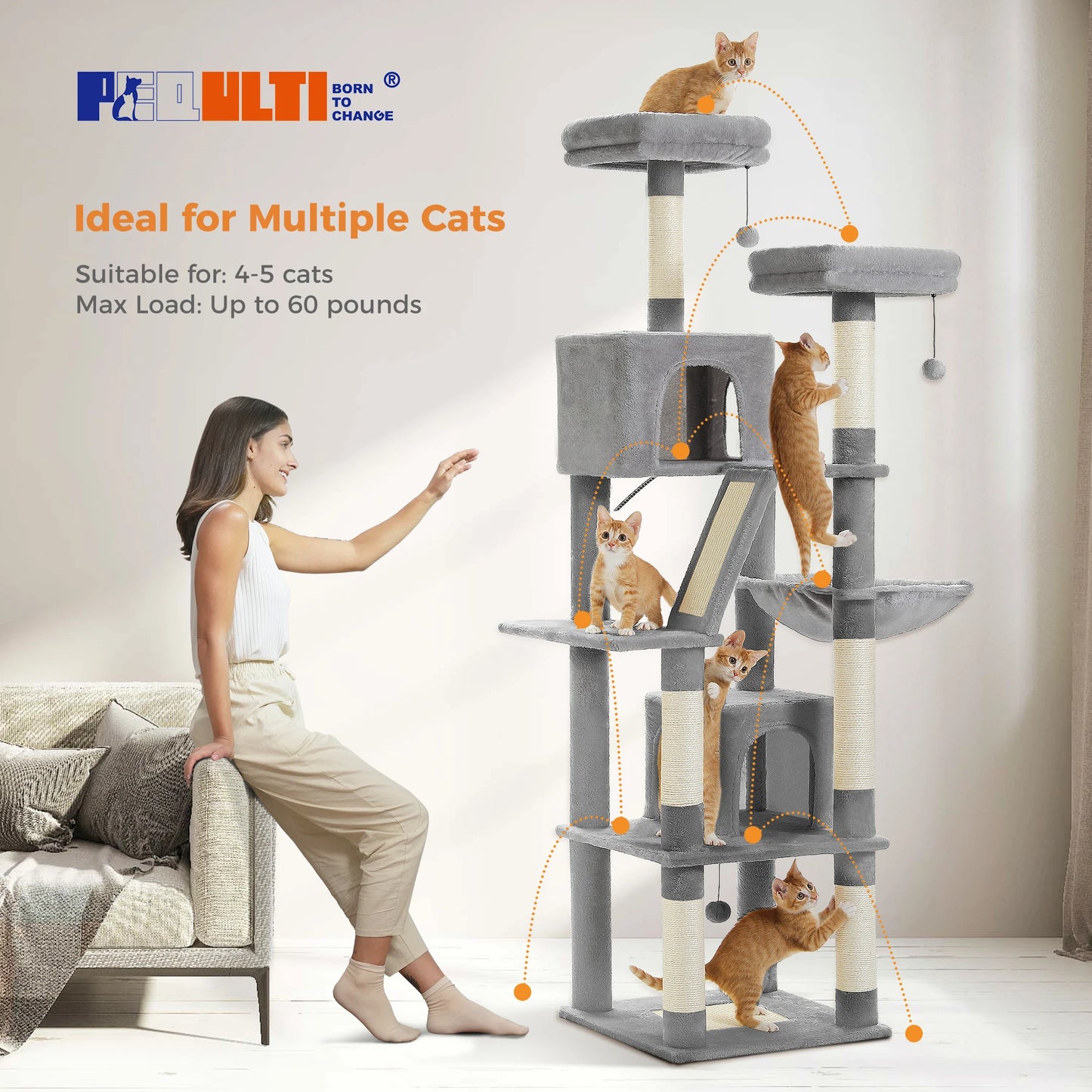 Large Cat Tree Tower – Multi-Level Plush Indoor Cat Condo with Scratching Posts, Boards, Perches & Caves