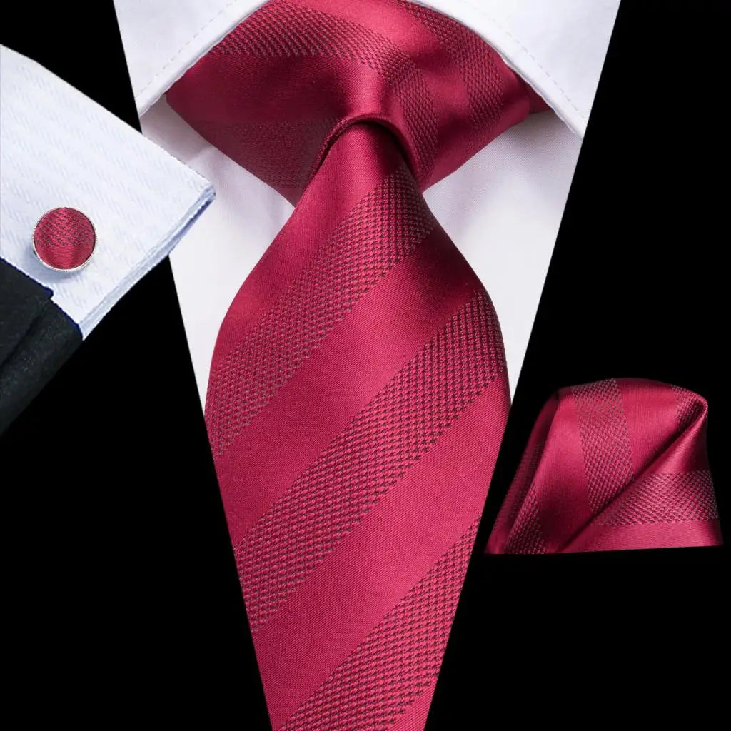 Hi-Tie Red Burgundy Plaid Silk Tie Set — Designer Men’s Necktie with Handkerchief & Cufflinks for Wedding or Business