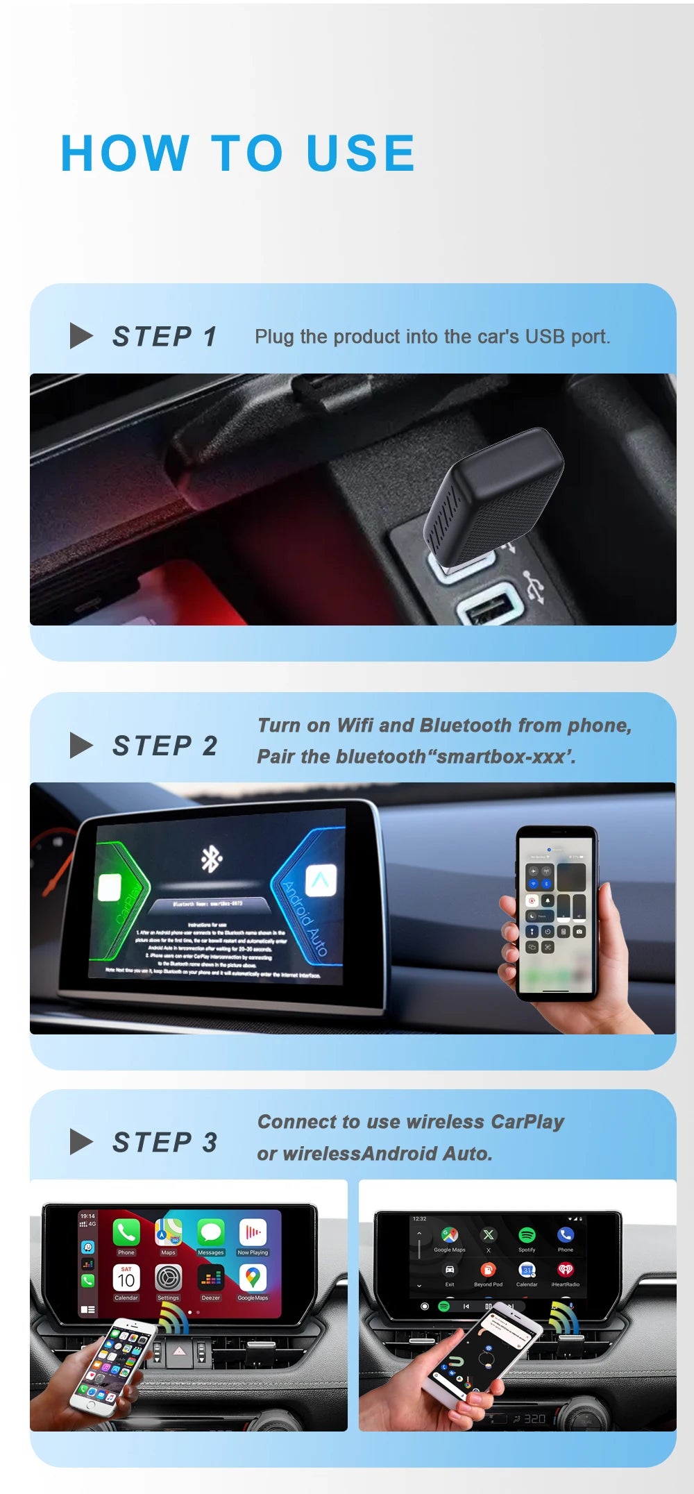 2 in 1 Wireless CarPlay & Android Auto Adapter – Wired to Wireless Dongle, Bluetooth Plug & Play Mini Box