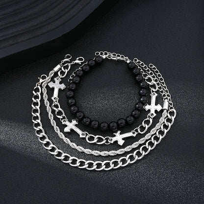 4-Piece Stainless Steel Bracelet Set - Punk Cross Bead Chain Bracelets for Men & Women