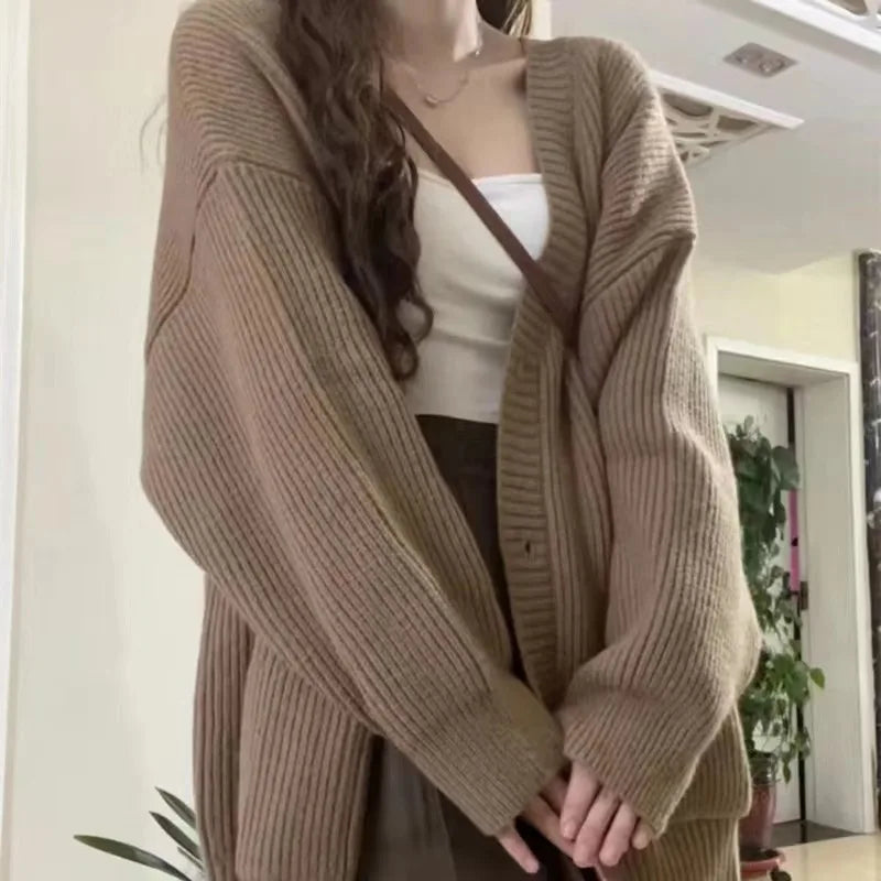Autumn Winter Women’s Cardigan Sweater Coat – Fashion Long Sleeve V-Neck, Loose Fit Knitted Jacket, Casual Sweater Cardigan