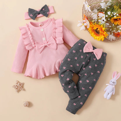 Newborn Baby Girls Clothes Set – Pink Ruffle Top & Heart Print Bow Trousers, Princess Casual Outfit for Infants