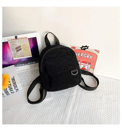 Women's Mini Backpack - Fashionable Solid Color Corduroy Casual Schoolbag with Large Capacity