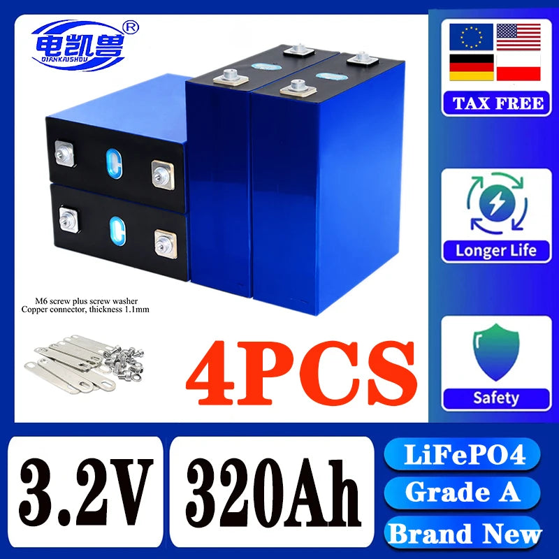 320Ah LiFePO4 3.2V Rechargeable Battery — 8000 Cycles for DIY 12V/24V/48V Caravan, Marine & Solar Energy Systems