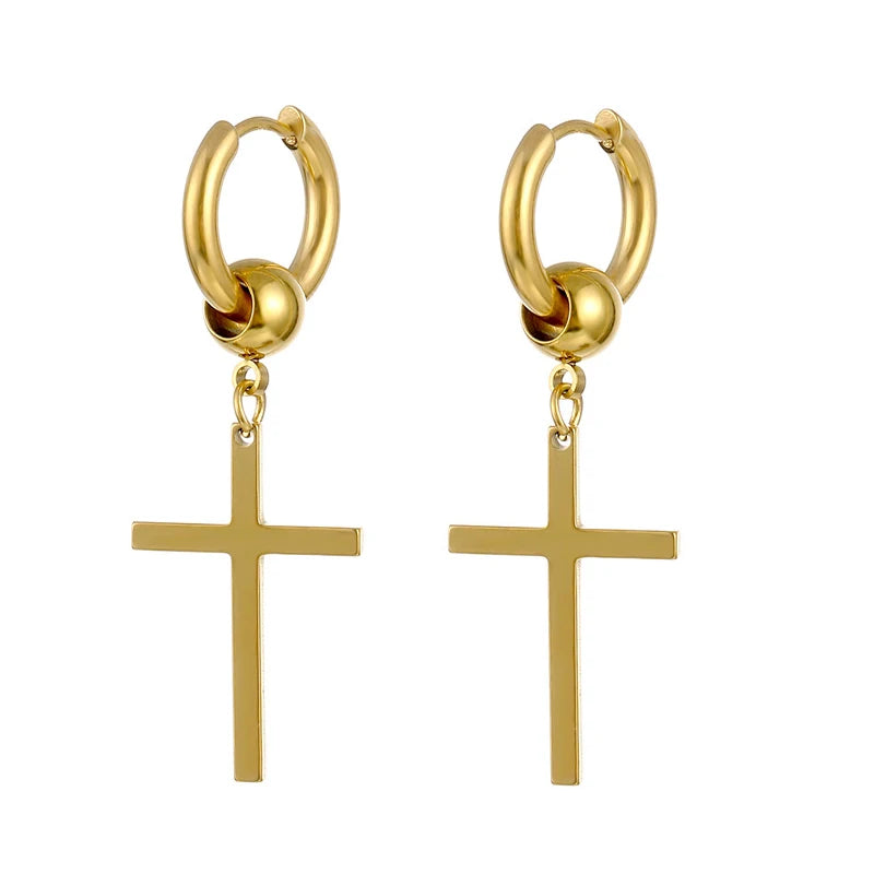 Gold Cross Huggie Hoop Earrings - Minimalist Dangle Charm Jewelry for Men & Women