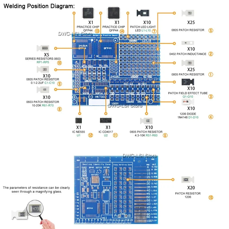 SMD SMT Soldering Practice Board DIY Electronic Project Kit - LED Transistor Components Training Board for Beginners